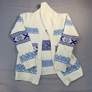 Kmart Sweater Cardigan‎ Womens Small Vintage 70's White Blue Acrylic Small Hole